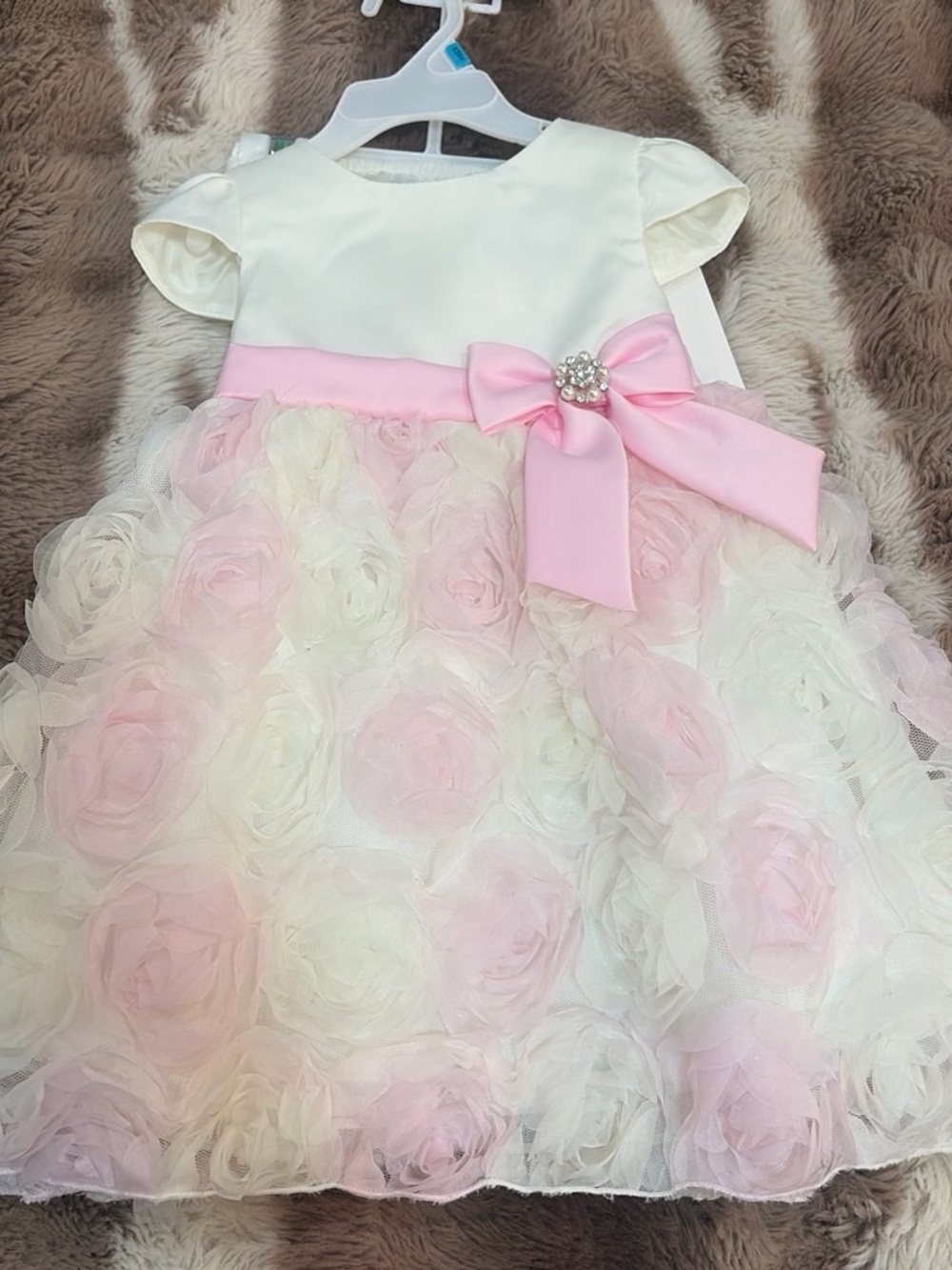 Girls Ivory and Pink Rosette Party Dress with Bow